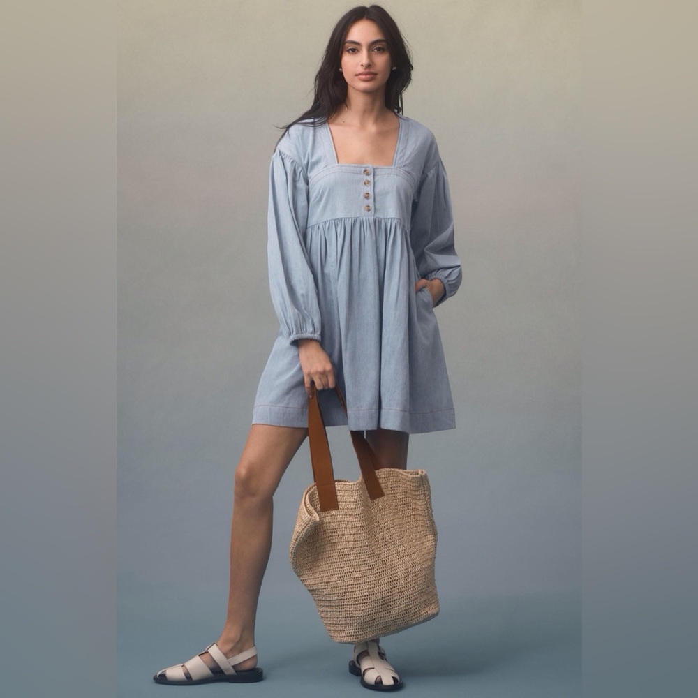 NWT Anthropologie Denim Peasant Cottagecore Long Sleeve Dress, Size S